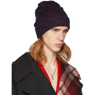 Shop Gucci Navy And Red Alpaca Gg Supreme Beanie In 4174 Navy