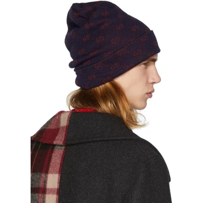 Shop Gucci Navy And Red Alpaca Gg Supreme Beanie In 4174 Navy