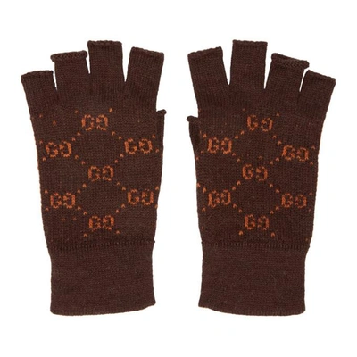 Shop Gucci Brown And Orange Gg Supreme Fingerless Gloves In 2176 Brown