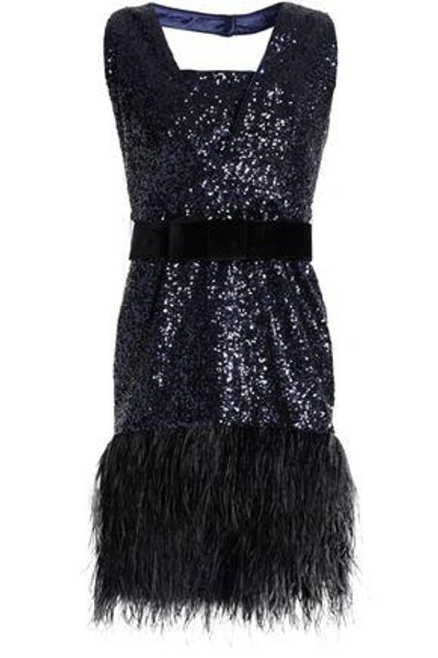 Shop Milly Woman Feather-trimmed Sequined Tulle Halterneck Dress Navy