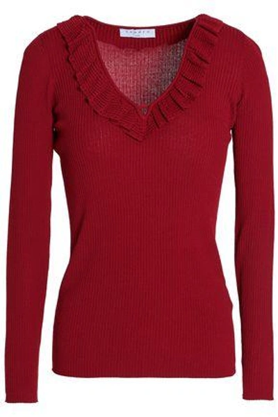 Shop Sandro Woman Noella Ruffle-trimmed Ribbed Stretch-knit Top Claret