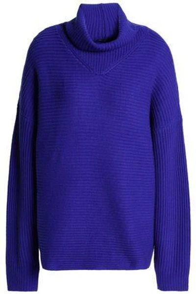 Shop Duffy Woman Ribbed Wool And Cashmere-blend Turtleneck Sweater Bright Blue