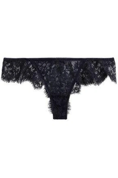 Shop I.d. Sarrieri Woman Scalloped Lace Low-rise Thong Midnight Blue