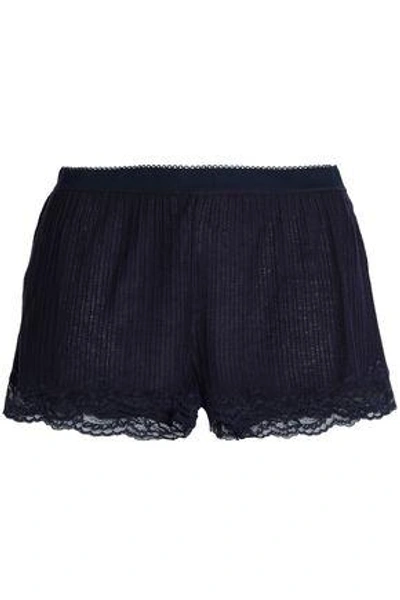 Shop Stella Mccartney Lace-trimmed Ribbed Jersey Pajama Shorts In Navy