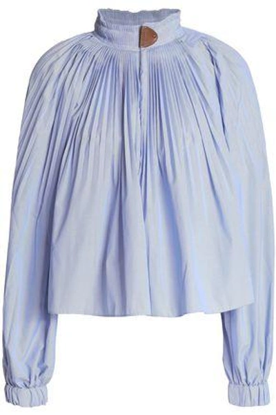 Shop Tibi Woman Pleated Striped Oxford Blouse Light Blue