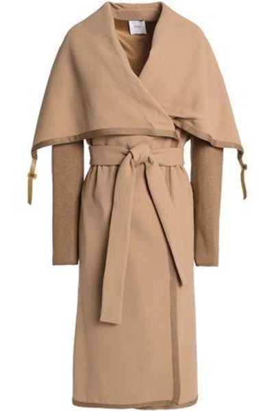 Shop Agnona Woman Knitted-paneled Wool-crepe Coat Sand