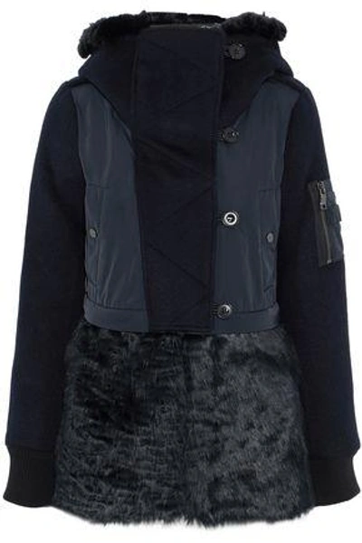 Shop Ashley B. Woman Faux Fur And Shell-paneled Wool-blend Down Hooded Jacket Midnight Blue