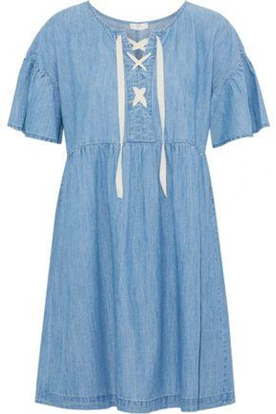 Shop Joie Woman Yenvy Lace-up Cotton-blend Chambray Mini Dress Light Blue