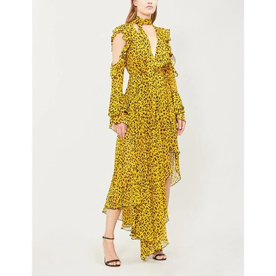 Shop Diane Von Furstenberg Leopard-print Ruffle-trimmed Silk-crepe Gown In Heyford Goldenrod