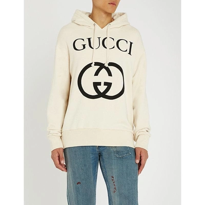 Shop Gucci Logo-print Cotton-jersey Hoody In White Black