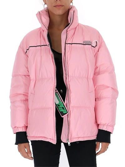 Prada Womens Pink Stripe Logo-patch Nylon-down Puffer Jacket In Begonia |  ModeSens