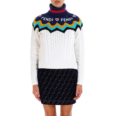 Shop Fendi Knitted Turtleneck Logo Sweater In White