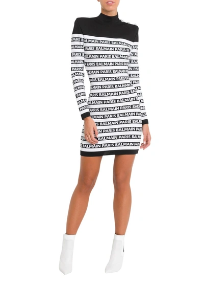 Shop Balmain Logo Knit Dress In Bianco/nero