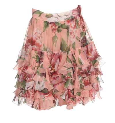 Shop Dolce & Gabbana Floral Print Frill Skirt In Pink