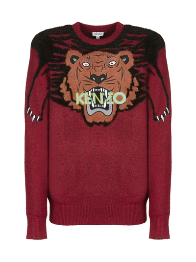Shop Kenzo Tiger Knitted Sweater In Bordeaux Multicolor