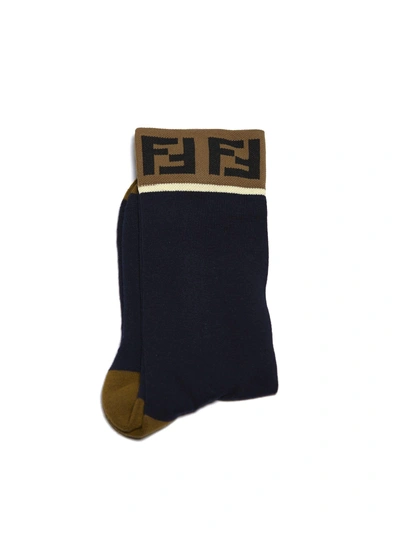 Shop Fendi Double F Logo Knit Socks In Blu Tabacco Panna