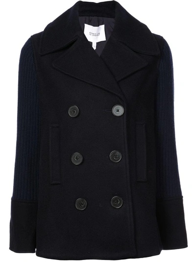 Shop Derek Lam 10 Crosby Double Breasted Pea Coat With Knit Sleeves - Blue