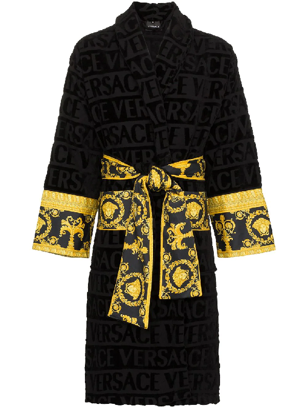 Versace Barocco Logo Print Cotton Bath Robe - Black | ModeSens