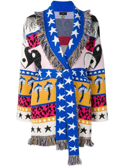 Shop Alanui Instarsia Fringed Cardi In Blue