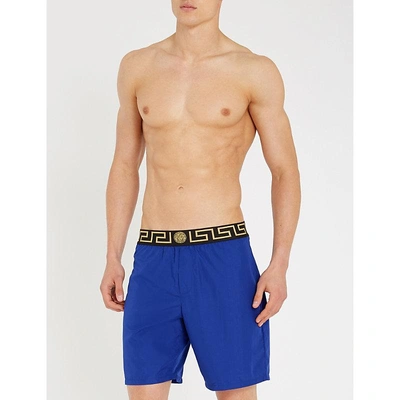 Shop Versace Iconic Long Swim Shorts In Blue