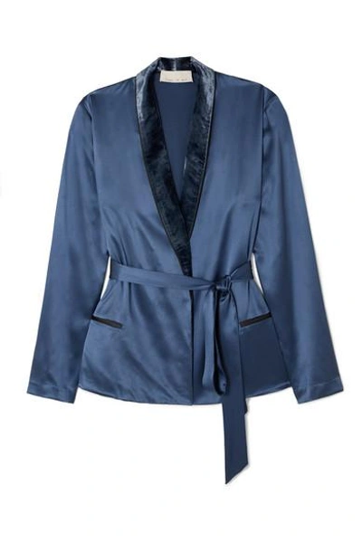 Shop Fleur Du Mal Velvet-trimmed Silk-satin Robe In Blue