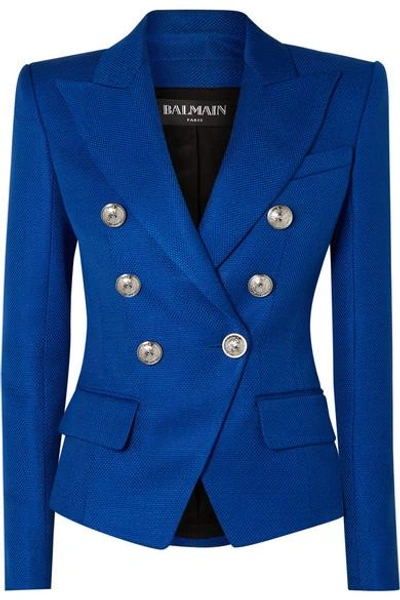 Shop Balmain Double-breasted Woven Blazer In Blue