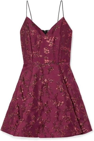 Shop Alice And Olivia Anette Pleated Metallic Jacquard Mini Dress In Burgundy