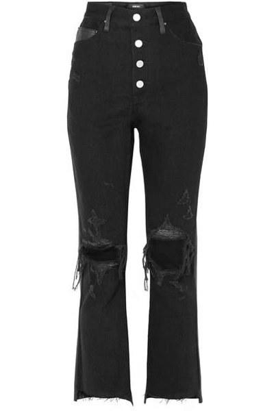 Shop Amiri Leather-paneled Distressed High-rise Flared Jeans In Black