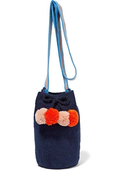 Shop Sophie Anderson Lulu Pompom-embellished Woven Bucket Bag In Midnight Blue