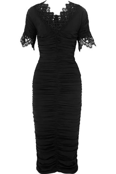 Shop Dolce & Gabbana Crocheted Lace-trimmed Ruched Silk-blend Georgette Dress In Black