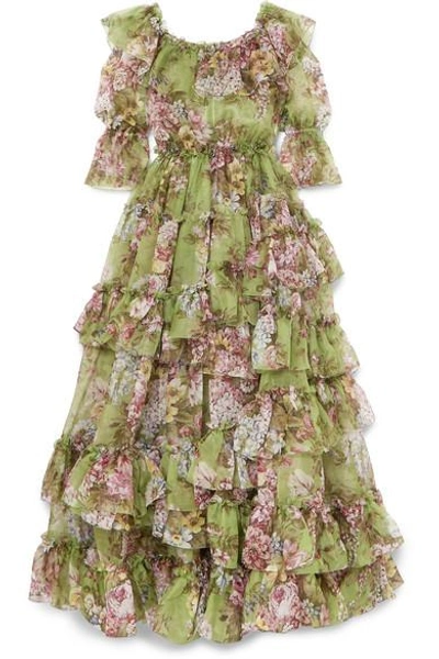 Shop Dolce & Gabbana Ruffled Tiered Floral-print Silk-chiffon Gown In Green