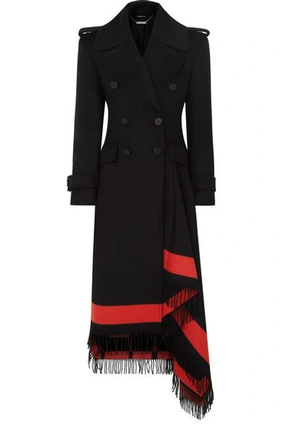 Shop Alexander Mcqueen Asymmetric Fringed Wool-blend Double-breasted Coat In Black