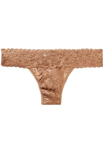 Shop Hanky Panky Stardust Metallic Stretch-lace Thong In Gold