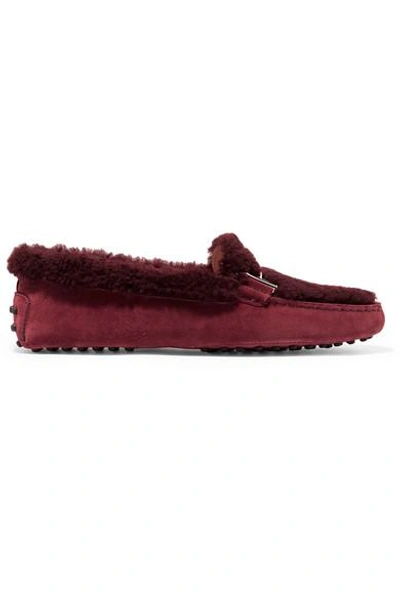 Shop Tod's Gommini Suede And Shearling Loafers In Burgundy