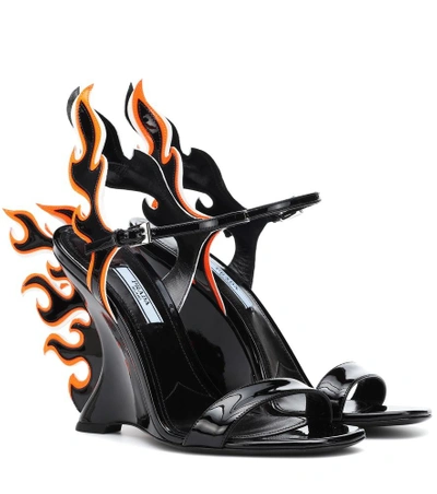 Shop Prada 100 Flame Leather Wedge Sandals In Black