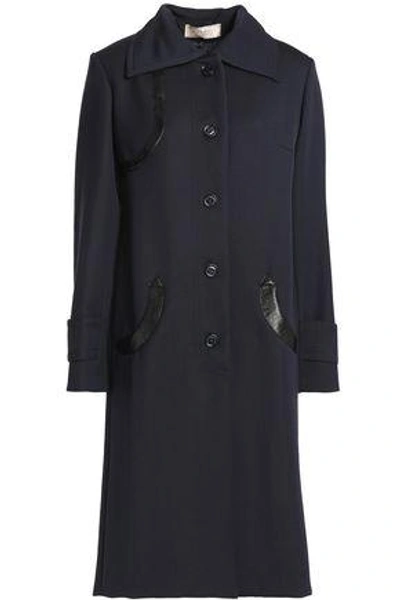 Shop Nina Ricci Woman Snake-effect Leather-trimmed Wool Coat Navy