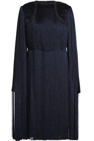 Shop Nina Ricci Woman Leather-trimmed Fringed Silk Dress Blue