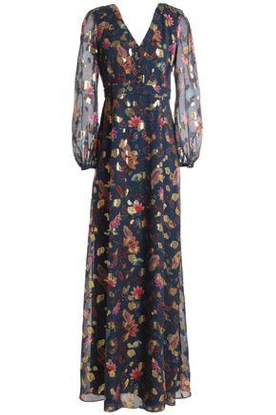 Shop Rachel Zoe Woman Metallic Printed Fil Coupé Silk-blend Chiffon Maxi Dress Indigo