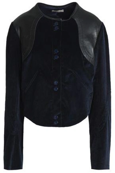 Shop Nina Ricci Woman Leather-trimmed Cotton-blend Corduroy Jacket Midnight Blue