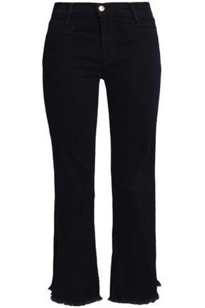 Shop J Brand Frayed High-rise Bootcut Jeans In Midnight Blue