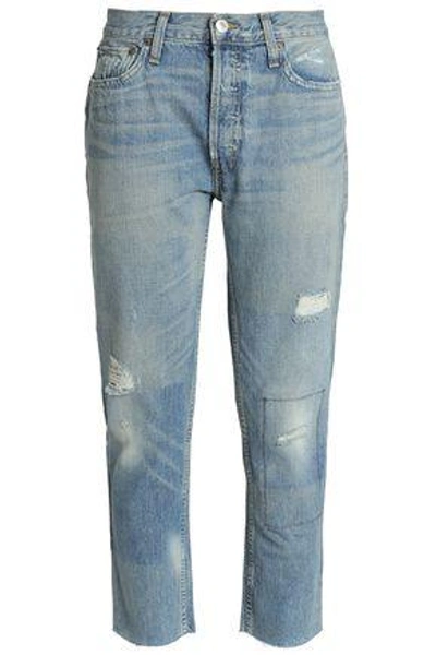 Shop Re/done Woman Distressed Cropped Mid-rise Straight-leg Jeans Light Denim