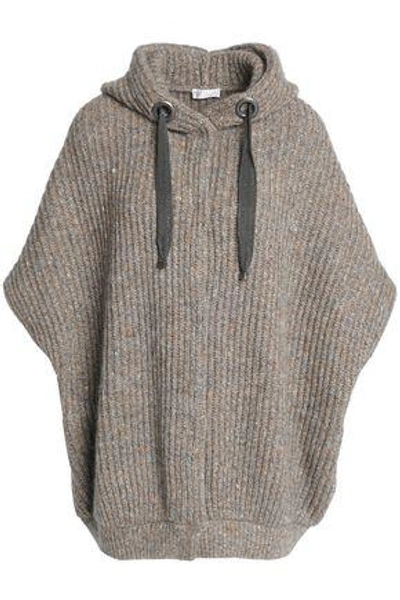 Shop Brunello Cucinelli Woman Bead-embellished Marled Ribbed-knit Hooded Cardigan Light Brown