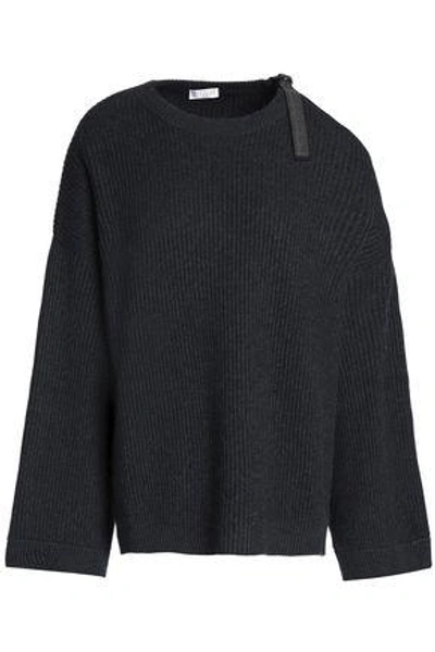 Shop Brunello Cucinelli Woman Cutout Ribbed Cashmere Sweater Charcoal