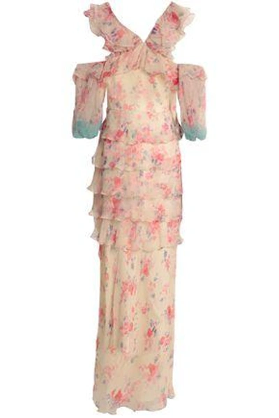 Shop Vilshenko Cold-shoulder Tiered Floral-print Silk-georgette Gown In Ivory