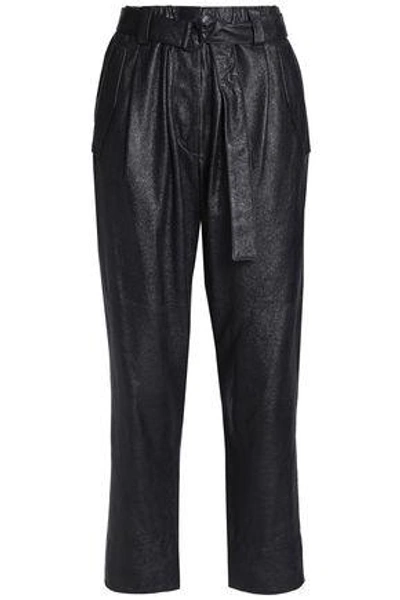 Shop Brunello Cucinelli Woman Cropped Belted Textured-leather Straight-leg Pants Black