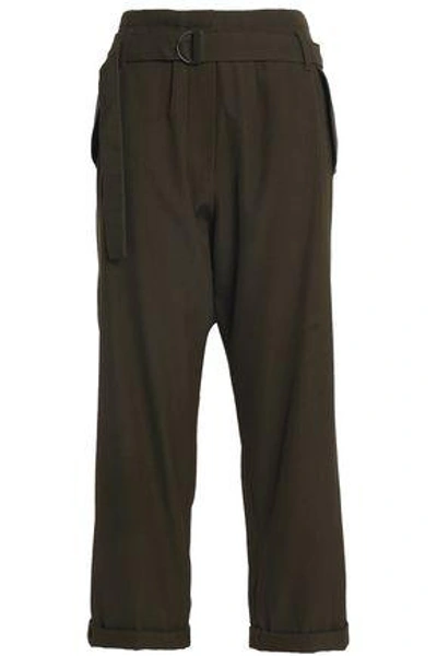 Shop Brunello Cucinelli Woman Belted Wool And Cotton-blend Twill Wide-leg Pants Army Green