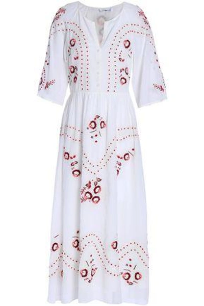 Shop Vilshenko Woman Lace-trimmed Embroidered Cotton Midi Dress Ivory