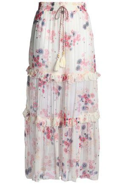 Shop Love Sam Ruffled Floral-print Crepon Maxi Skirt In Ivory