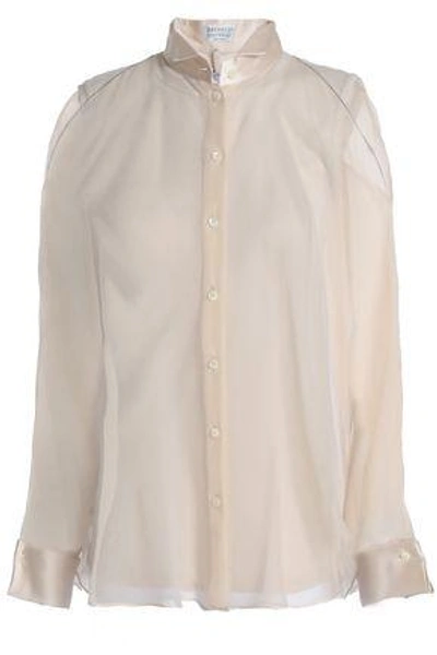 Shop Brunello Cucinelli Woman Bead-embellished Satin-trimmed Silk-organza Shirt Ecru