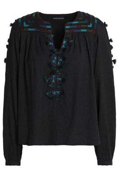Shop Antik Batik Woman Tasseled Embroidered Printed Cotton Blouse Black